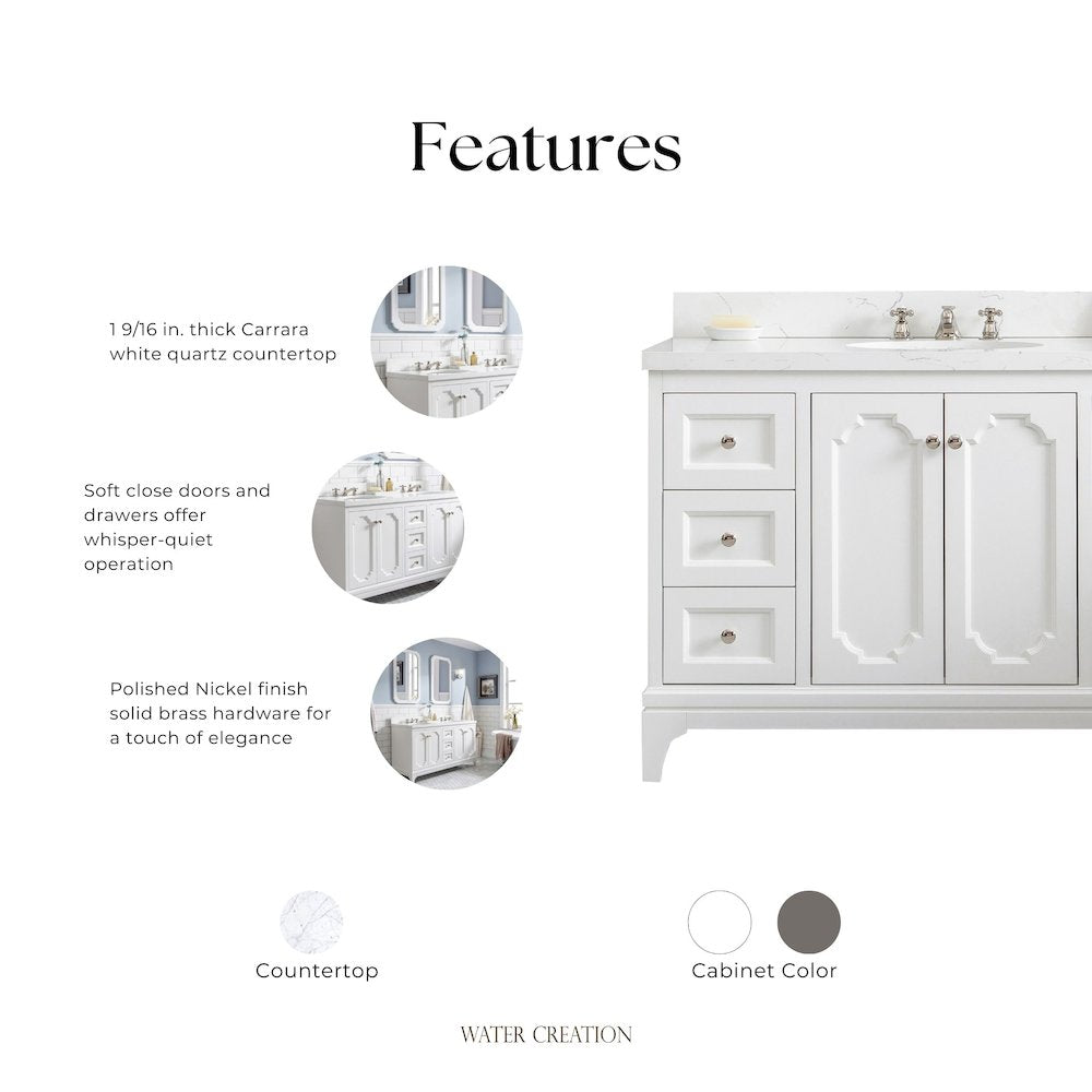 Queen 48 In. Single Sink Sink Carrara Quartz Countertop Bath Vanity