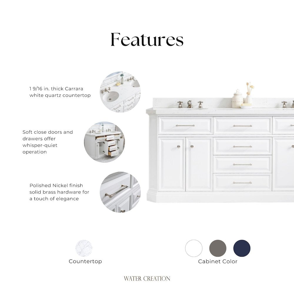 Palace 72 In. Double Sink Carrara Quartz Countertop Bath Vanity in Pure White
