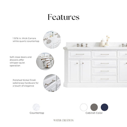 Palace 72 In. Double Sink Carrara Quartz Countertop Bath Vanity in Pure White