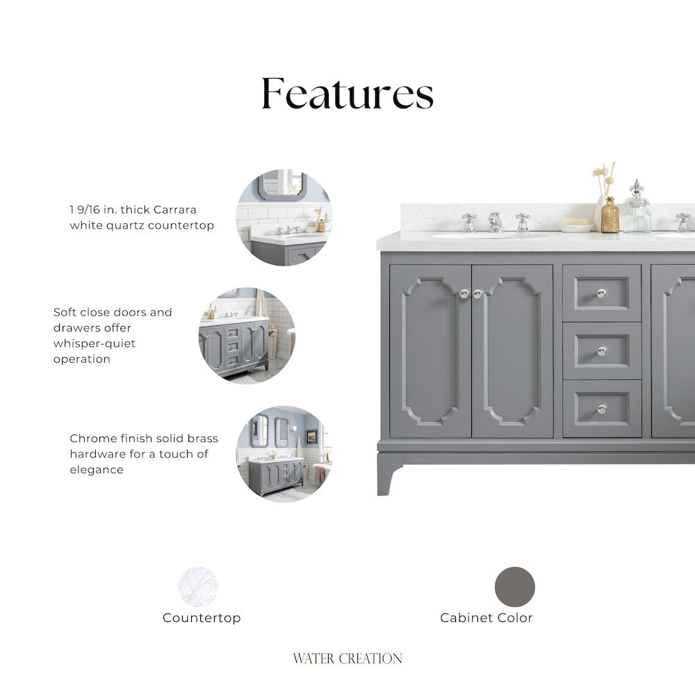 Queen 60 In. Double Sink Sink Carrara Quartz Countertop Bath Vanity