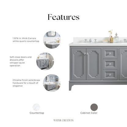 Queen 60 In. Double Sink Sink Carrara Quartz Countertop Bath Vanity