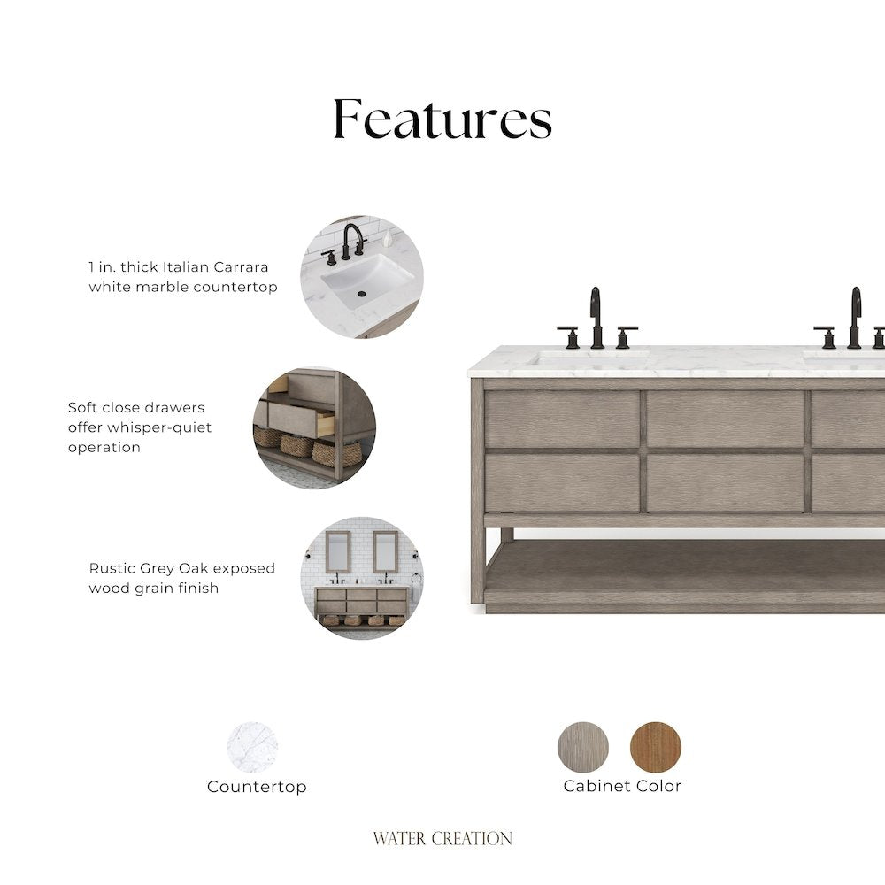 Oakman 72 In. Double Sink Carrara White Marble Countertop Bath Vanity
