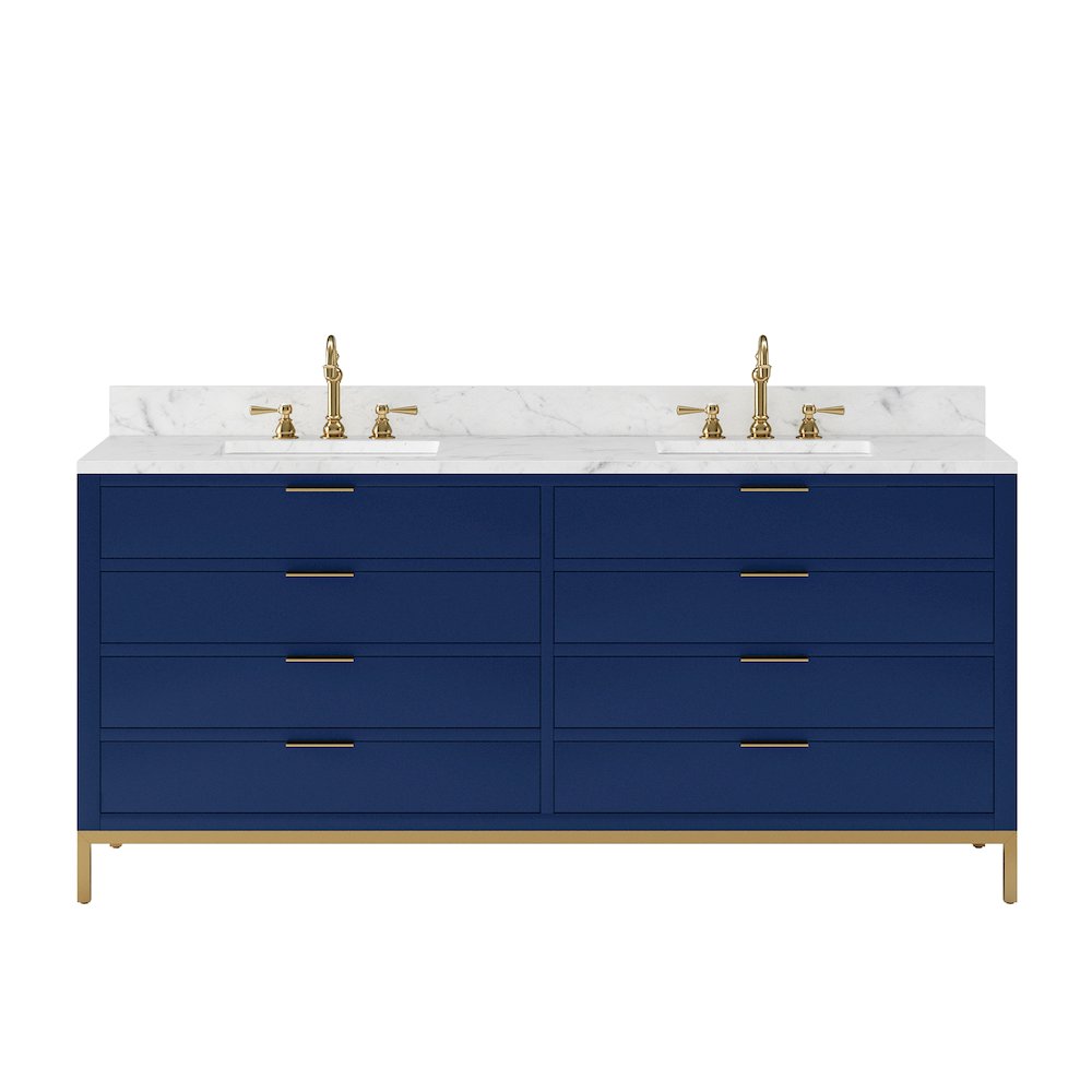 72 In. Double Sink Carrara White Marble Countertop Bath Vanity in Monarch Blue