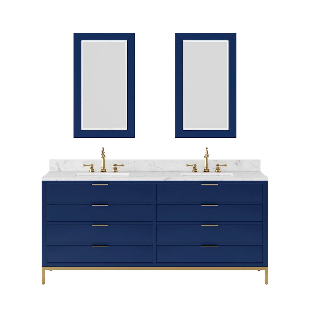 72 In. Double Sink Carrara White Marble Countertop Bath Vanity in Monarch Blue