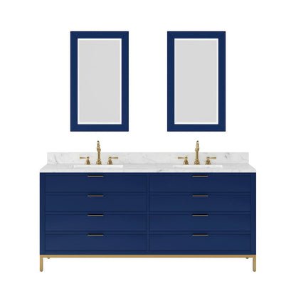 72 In. Double Sink Carrara White Marble Countertop Bath Vanity in Monarch Blue