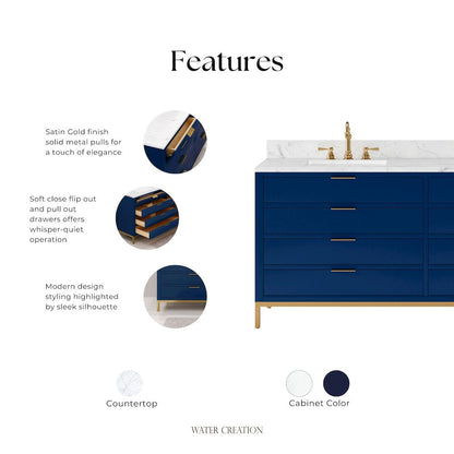 72 In. Double Sink Carrara White Marble Countertop Bath Vanity in Monarch Blue