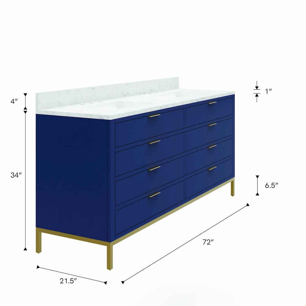 72 In. Double Sink Carrara White Marble Countertop Bath Vanity in Monarch Blue
