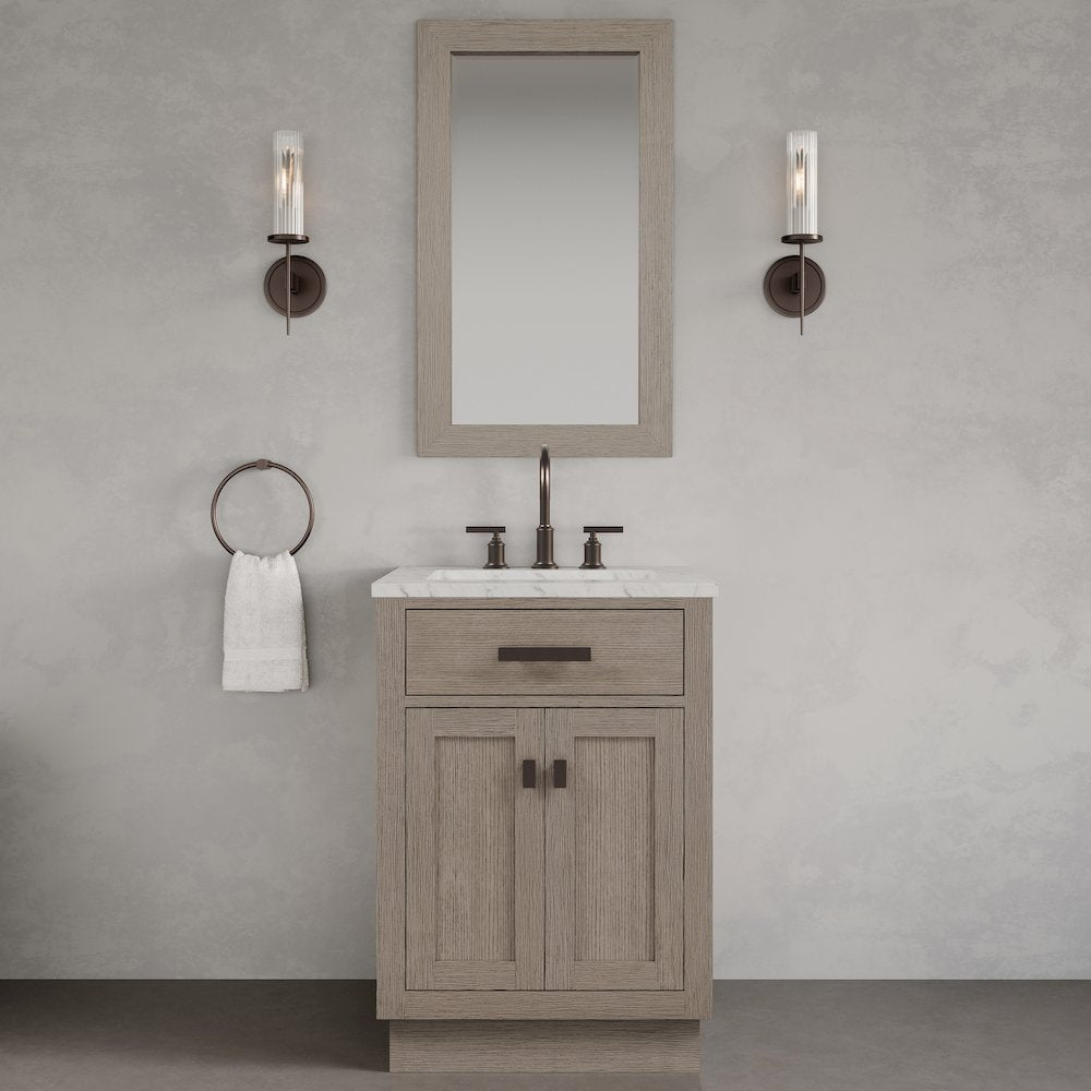 24 In. Single Sink Carrara White Marble Countertop Bath Vanity In Grey Oak