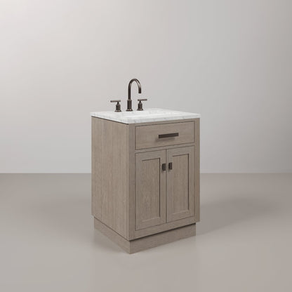 24 In. Single Sink Carrara White Marble Countertop Bath Vanity In Grey Oak