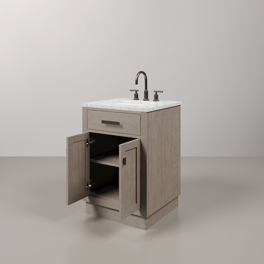 24 In. Single Sink Carrara White Marble Countertop Bath Vanity In Grey Oak