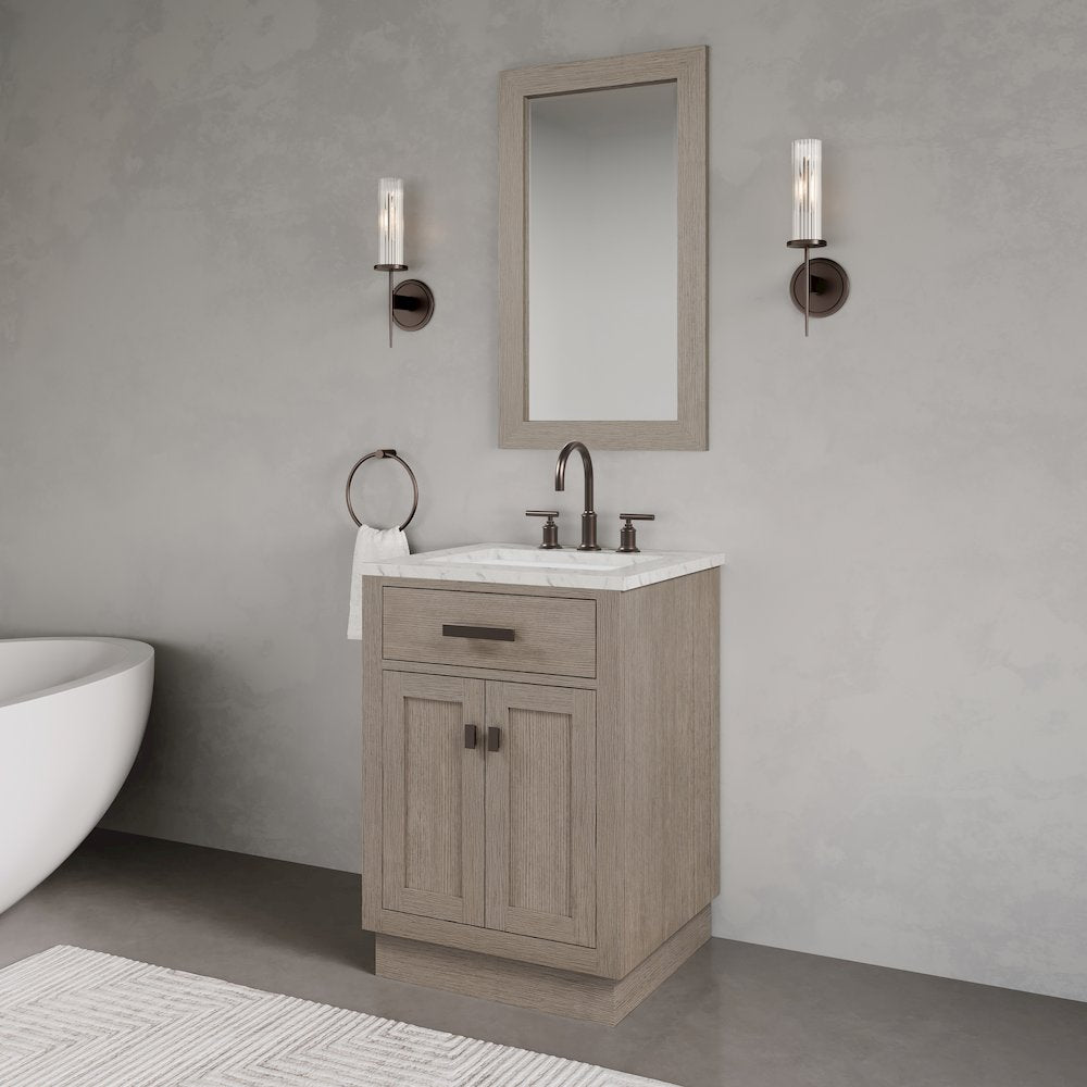 24 In. Single Sink Carrara White Marble Countertop Bath Vanity In Grey Oak