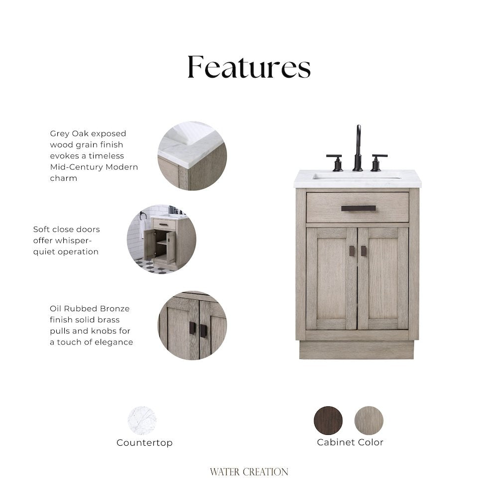 24 In. Single Sink Carrara White Marble Countertop Bath Vanity In Grey Oak