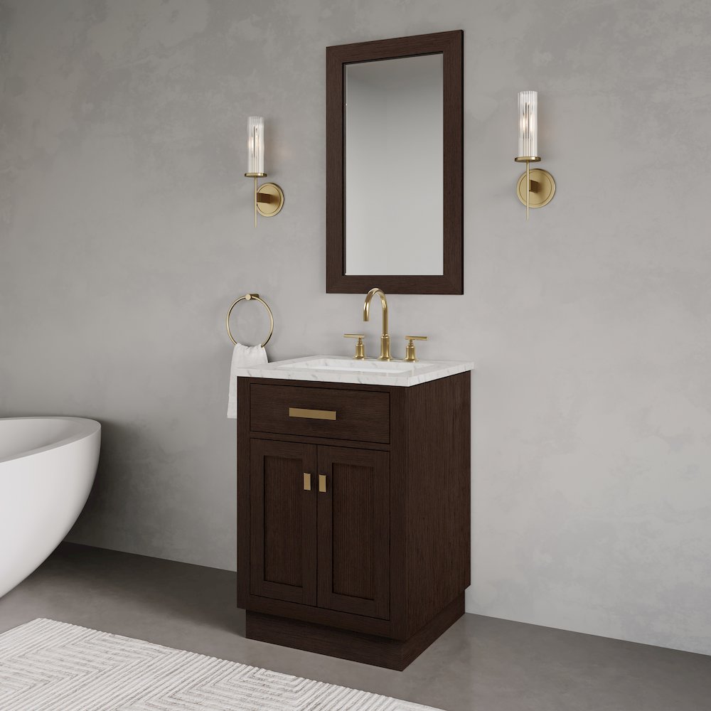 24 In. Single Sink Carrara White Marble Countertop Bath Vanity In Brown Oak