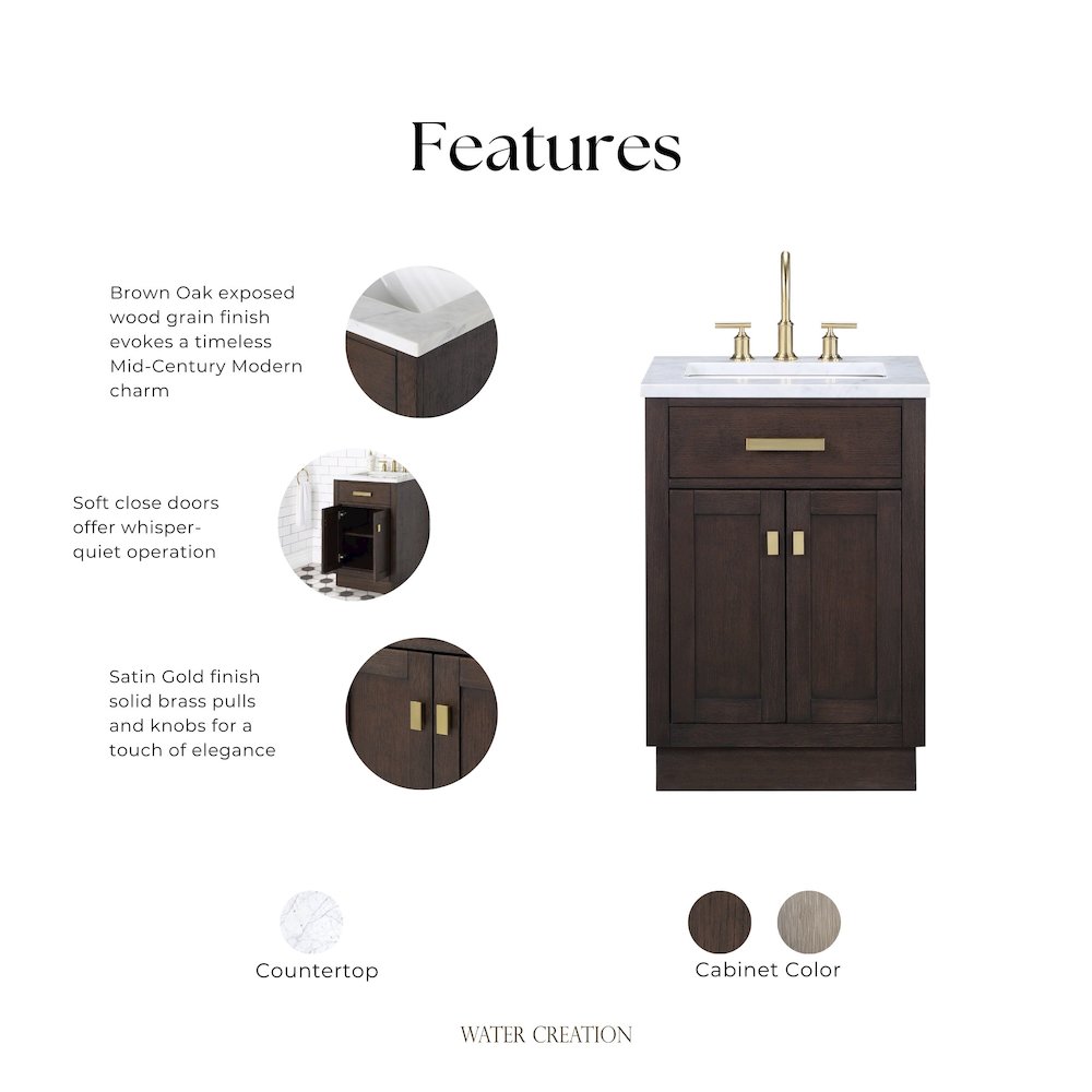 24 In. Single Sink Carrara White Marble Countertop Bath Vanity In Brown Oak