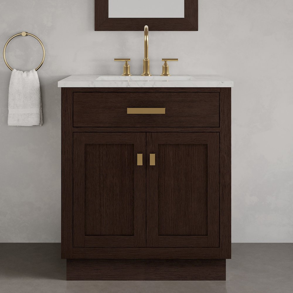 30 In. Single Sink Carrara White Marble Countertop Bath Vanity In Brown Oak