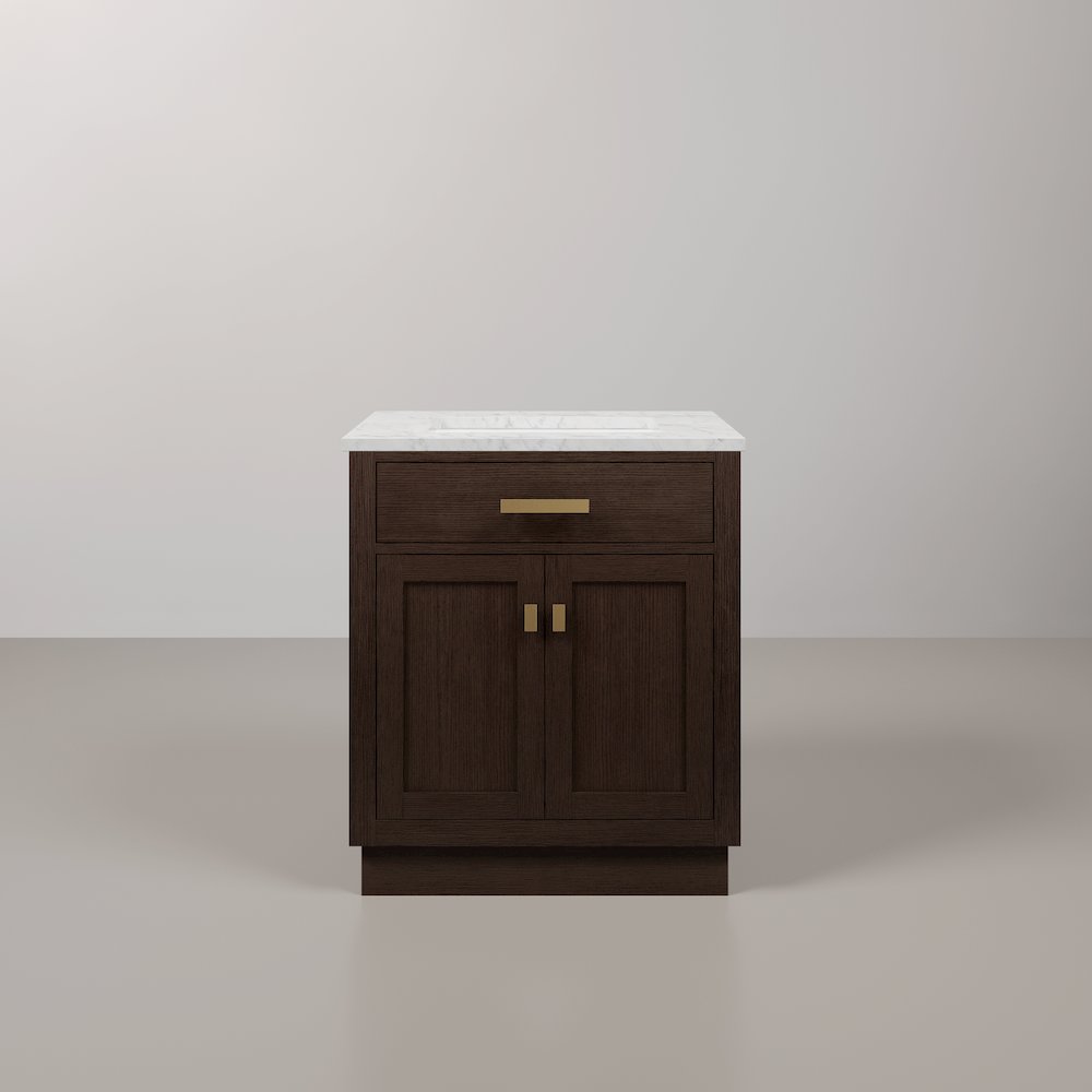 30 In. Single Sink Carrara White Marble Countertop Bath Vanity In Brown Oak