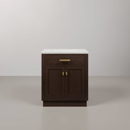 30 In. Single Sink Carrara White Marble Countertop Bath Vanity In Brown Oak