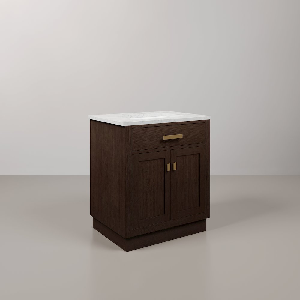 30 In. Single Sink Carrara White Marble Countertop Bath Vanity In Brown Oak