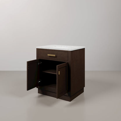 30 In. Single Sink Carrara White Marble Countertop Bath Vanity In Brown Oak