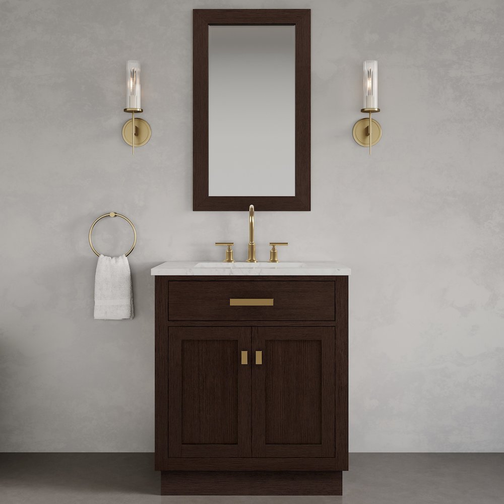 30 In. Single Sink Carrara White Marble Countertop Bath Vanity In Brown Oak