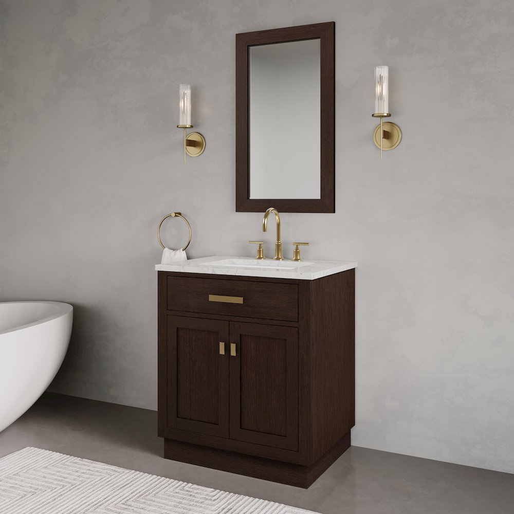 30 In. Single Sink Carrara White Marble Countertop Bath Vanity In Brown Oak