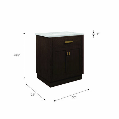30 In. Single Sink Carrara White Marble Countertop Bath Vanity In Brown Oak