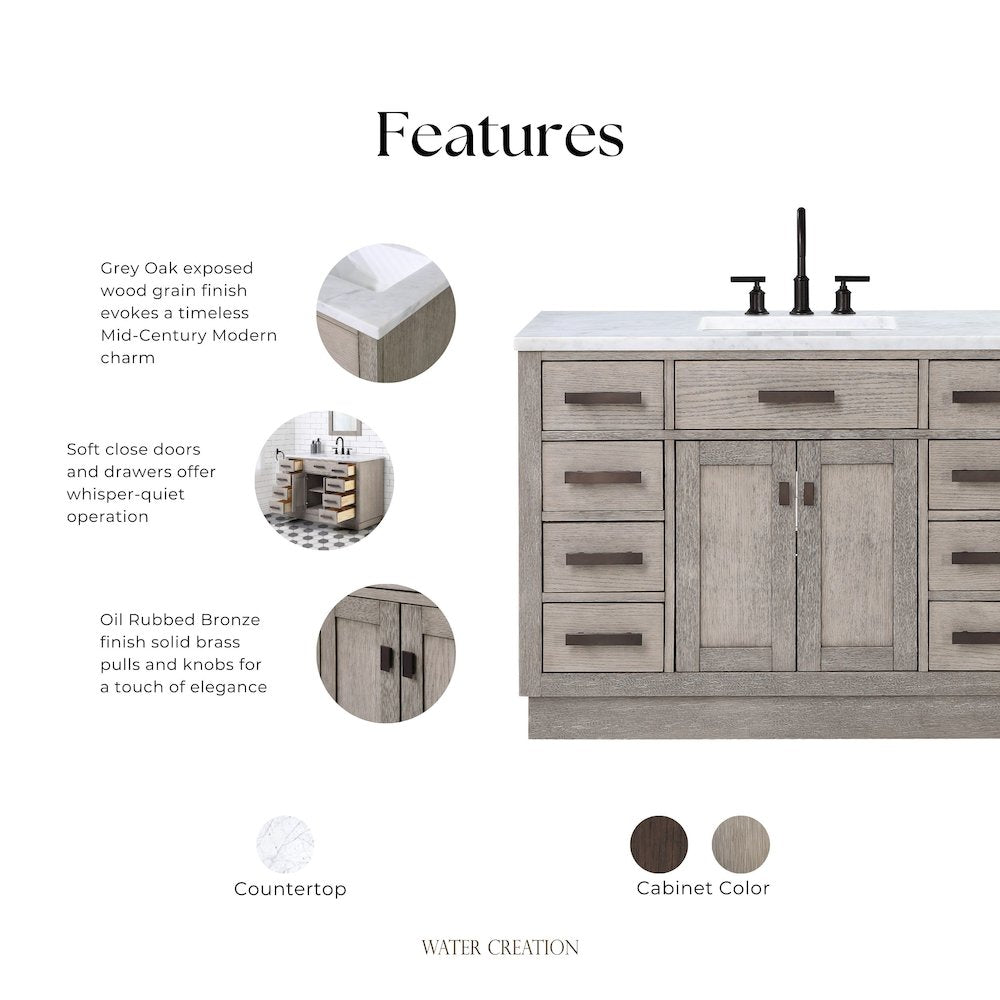 48 In. Single Sink Carrara White Marble Countertop Bath Vanity In Grey Oak