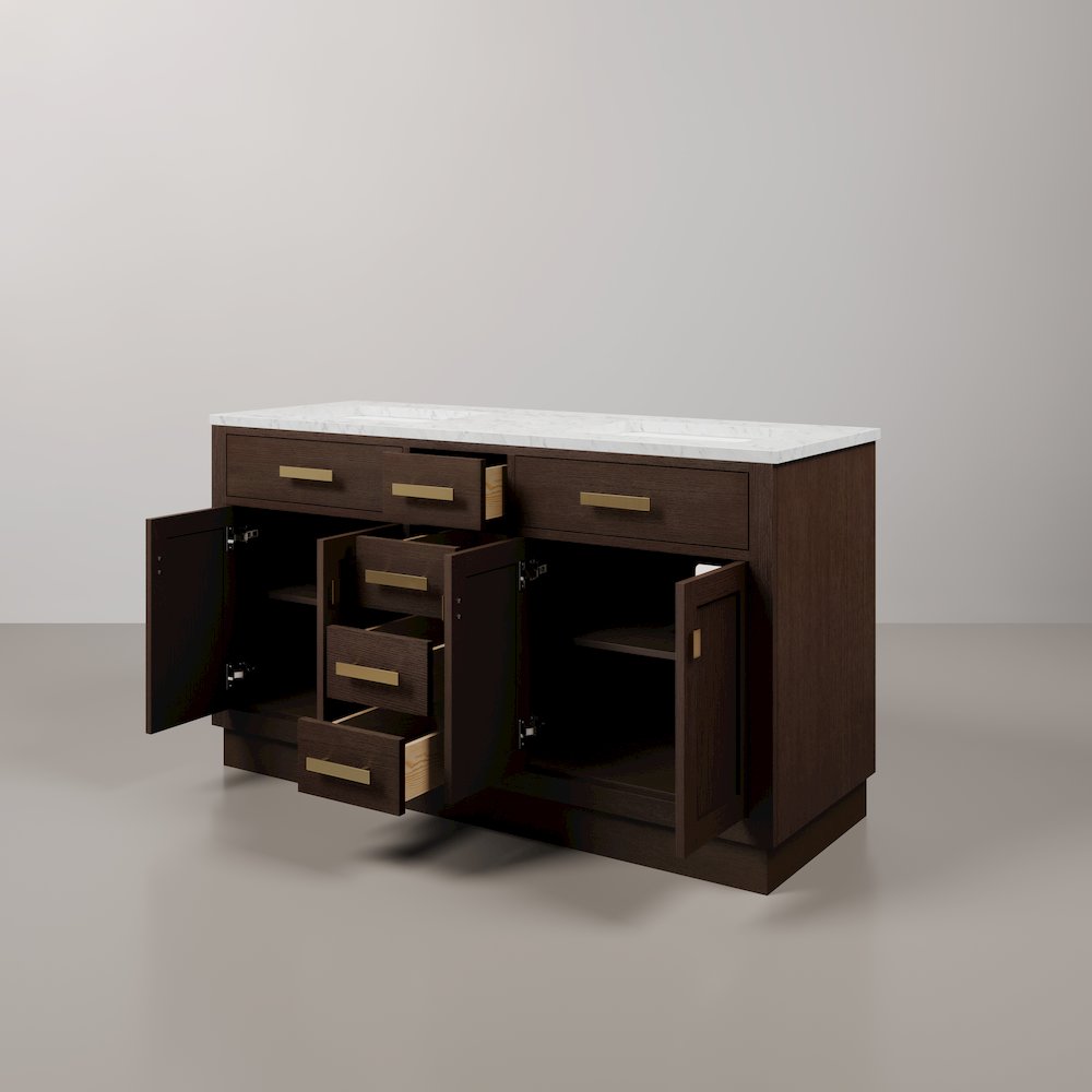 60 In. Double Sink Carrara White Marble Countertop Bath Vanity In Brown Oak