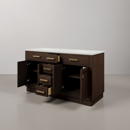 60 In. Double Sink Carrara White Marble Countertop Bath Vanity In Brown Oak
