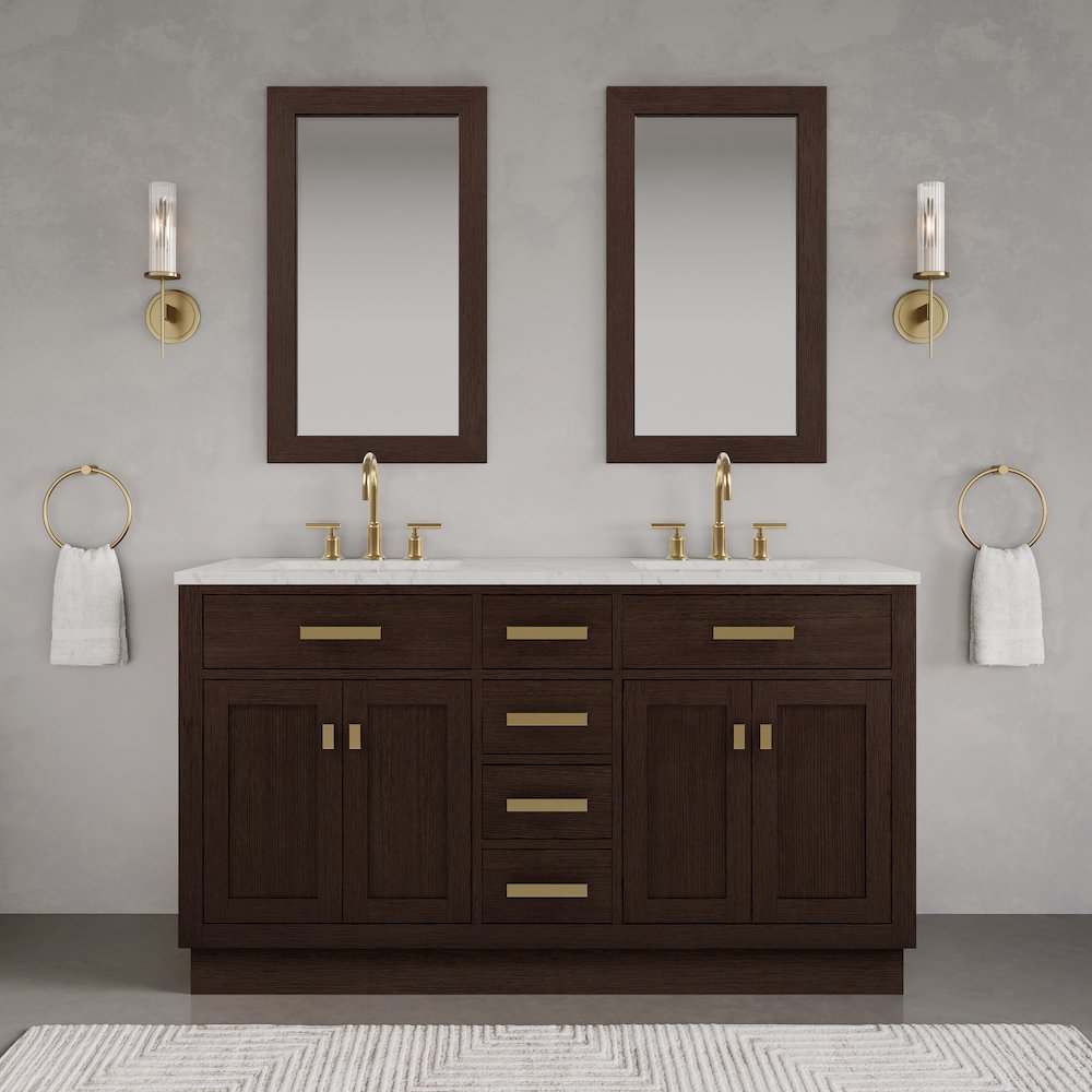 60 In. Double Sink Carrara White Marble Countertop Bath Vanity In Brown Oak