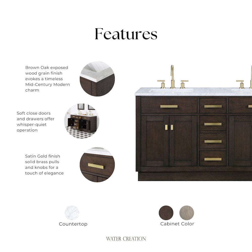 60 In. Double Sink Carrara White Marble Countertop Bath Vanity In Brown Oak