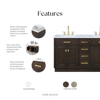 60 In. Double Sink Carrara White Marble Countertop Bath Vanity In Brown Oak