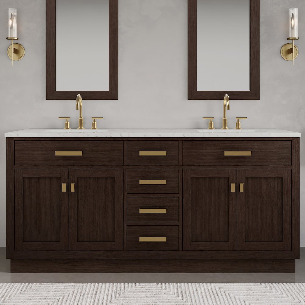 72 In. Double Sink Carrara White Marble Countertop Bath Vanity In Brown Oak