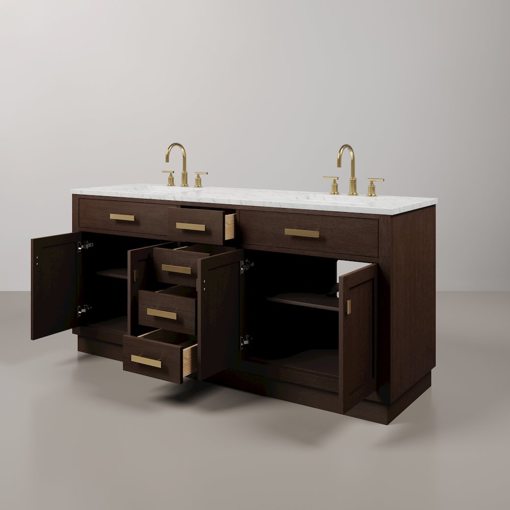 72 In. Double Sink Carrara White Marble Countertop Bath Vanity In Brown Oak