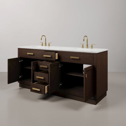 72 In. Double Sink Carrara White Marble Countertop Bath Vanity In Brown Oak