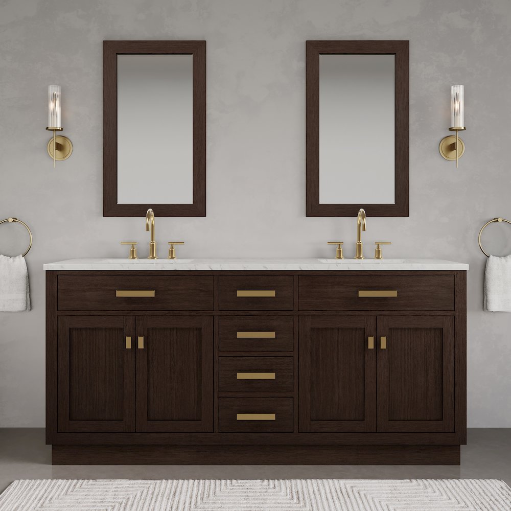 72 In. Double Sink Carrara White Marble Countertop Bath Vanity In Brown Oak