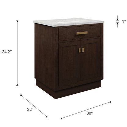 30 In. Single Sink Carrara White Marble Countertop Bath Vanity In Brown Oak