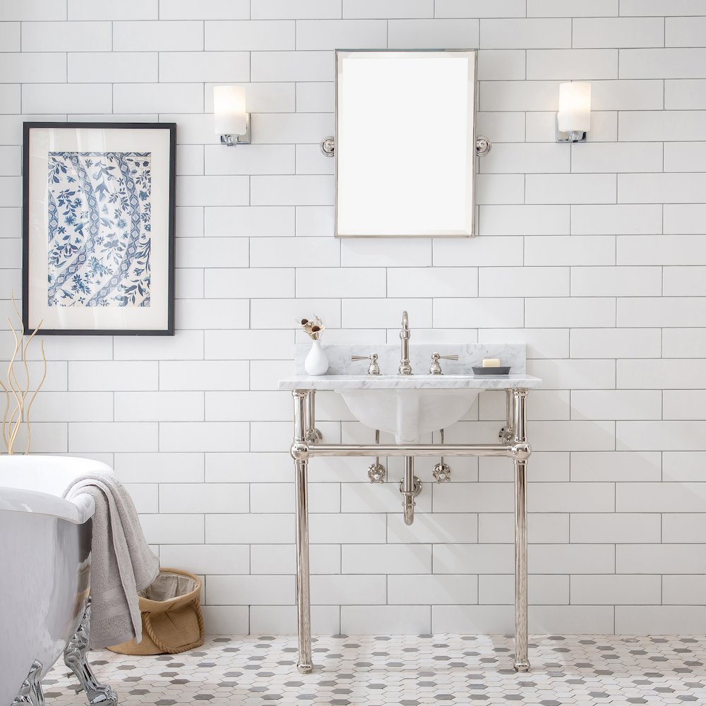 30 In. W. Single Wash Stand, P-Trap, Carrara White Marble Countertop