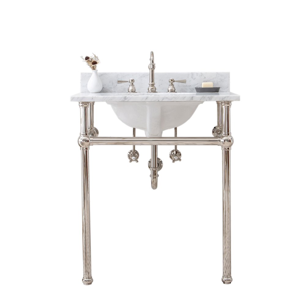 30 In. W. Single Wash Stand, P-Trap, Carrara White Marble Countertop