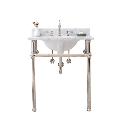 30 In. W. Single Wash Stand, P-Trap, Carrara White Marble Countertop
