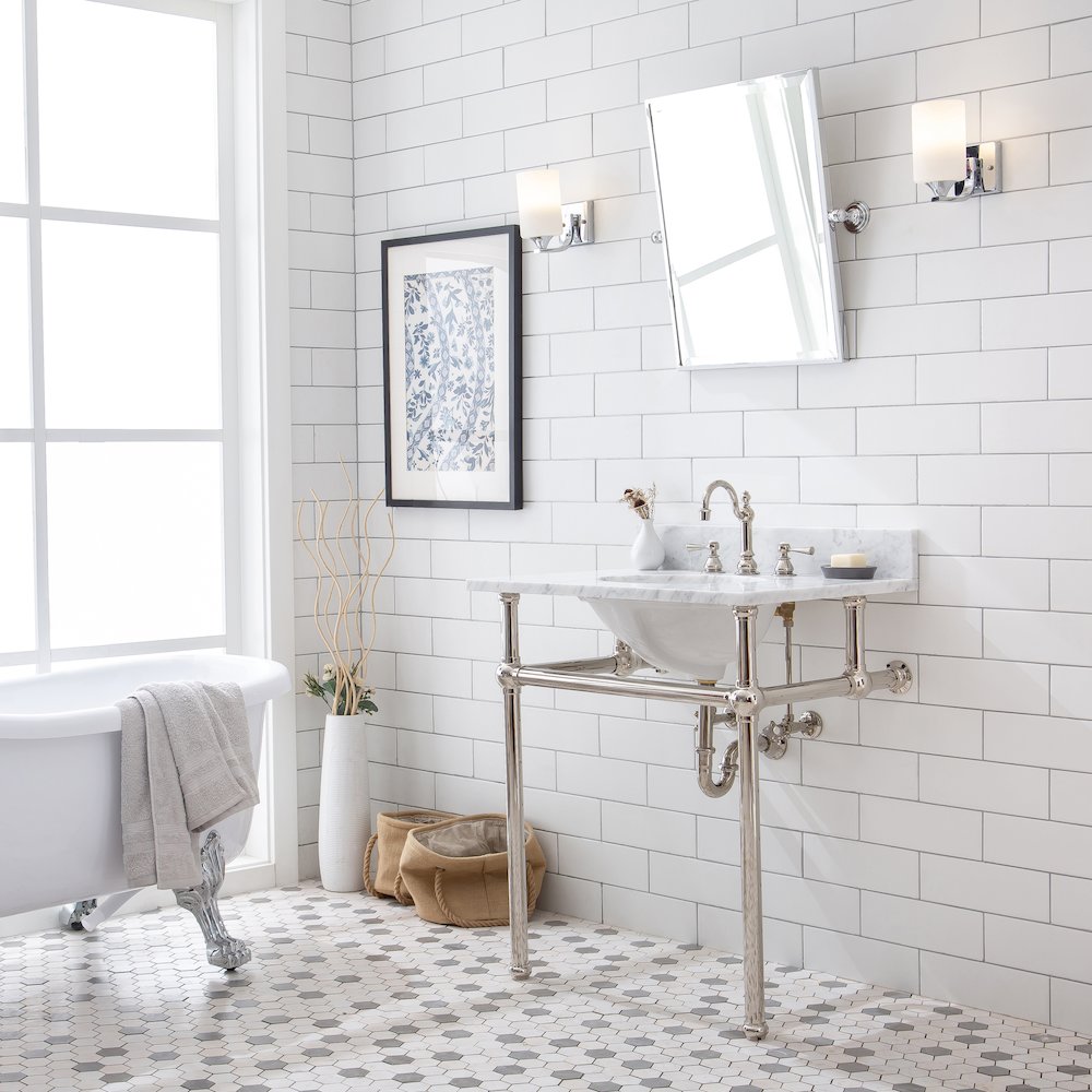 30 In. W. Single Wash Stand, P-Trap, Carrara White Marble Countertop