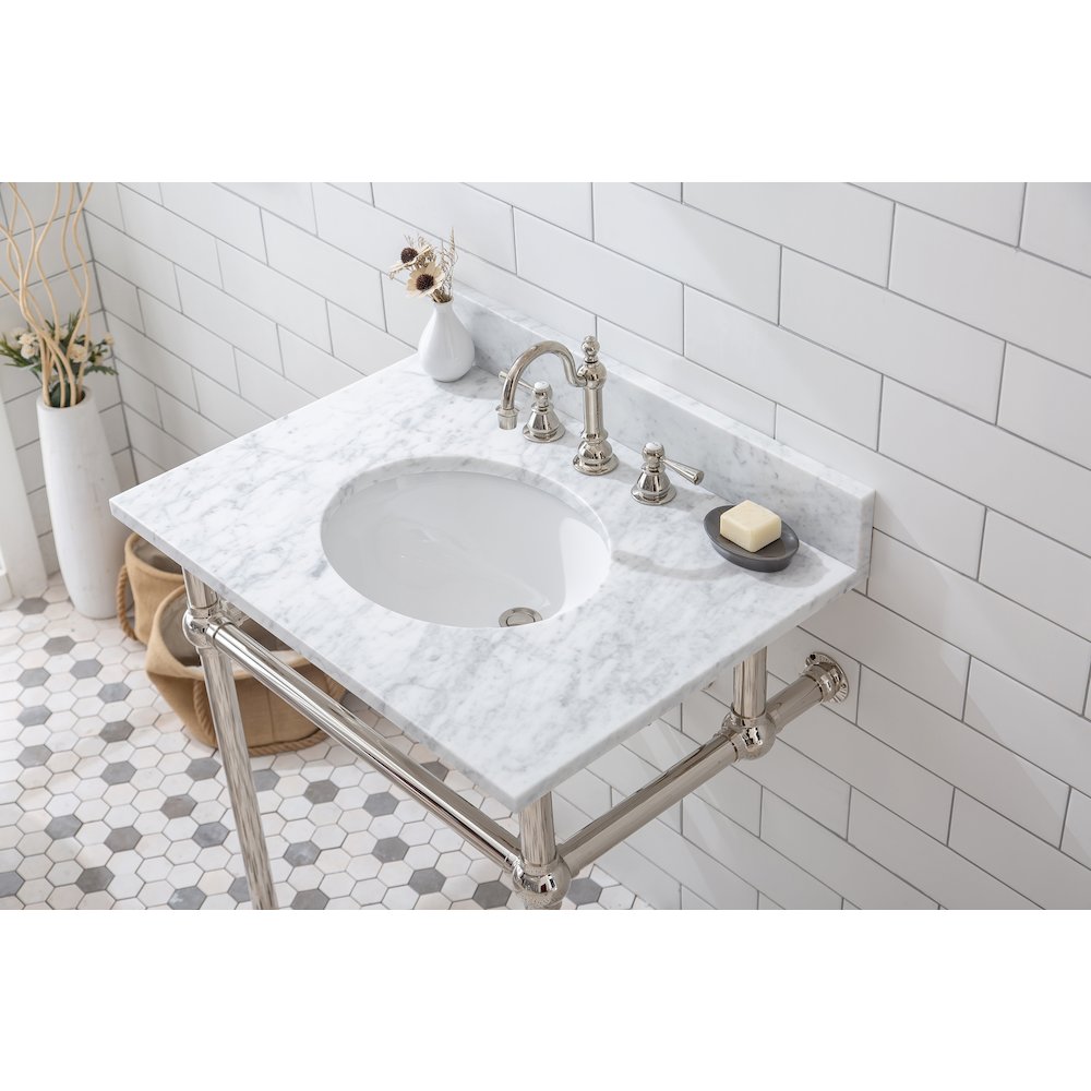 30 In. W. Single Wash Stand, P-Trap, Carrara White Marble Countertop