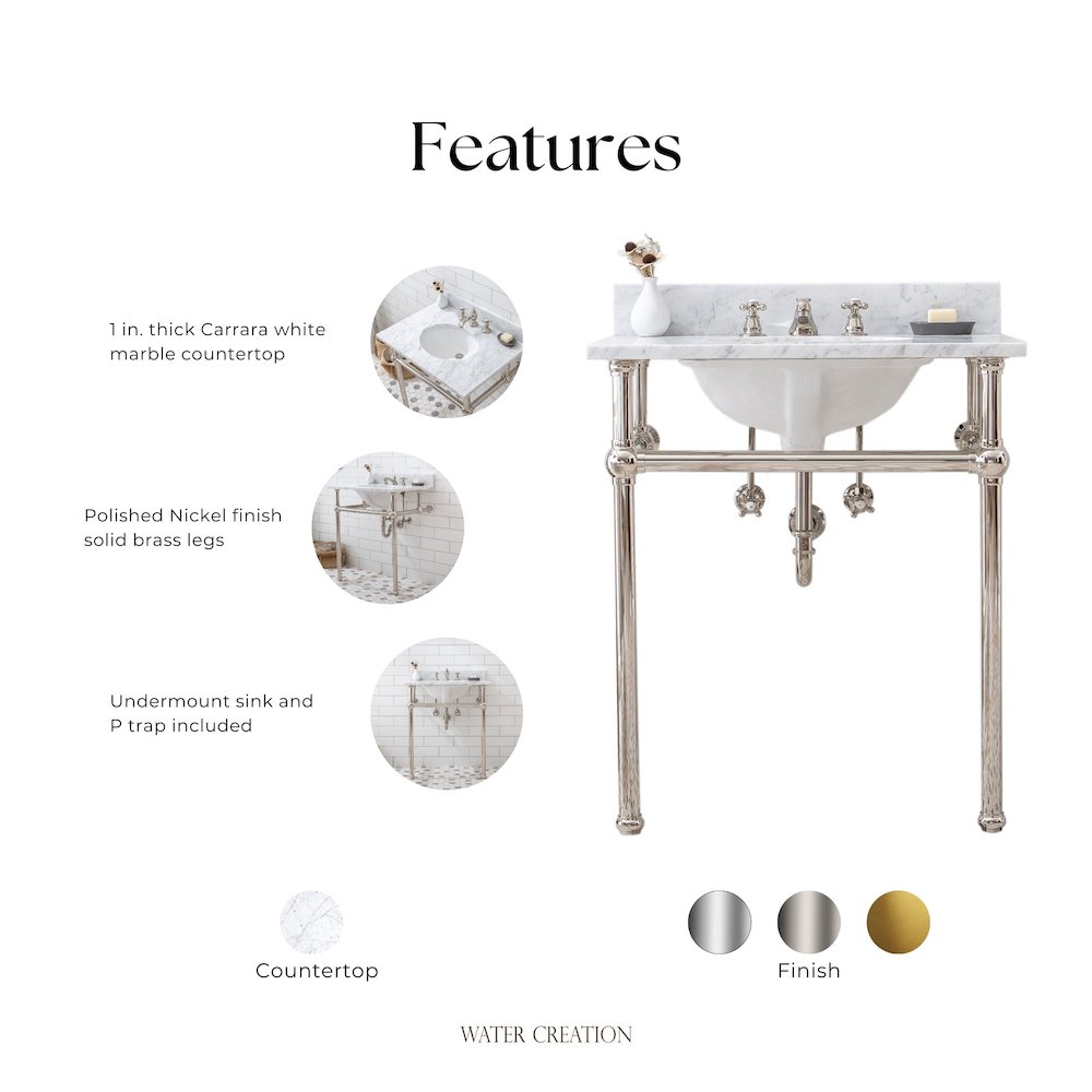 30 In. W. Single Wash Stand, P-Trap, Carrara White Marble Countertop