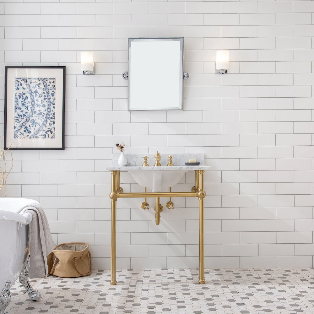 30 In. W. Single Wash Stand, P-Trap, Carrara White Marble Countertop
