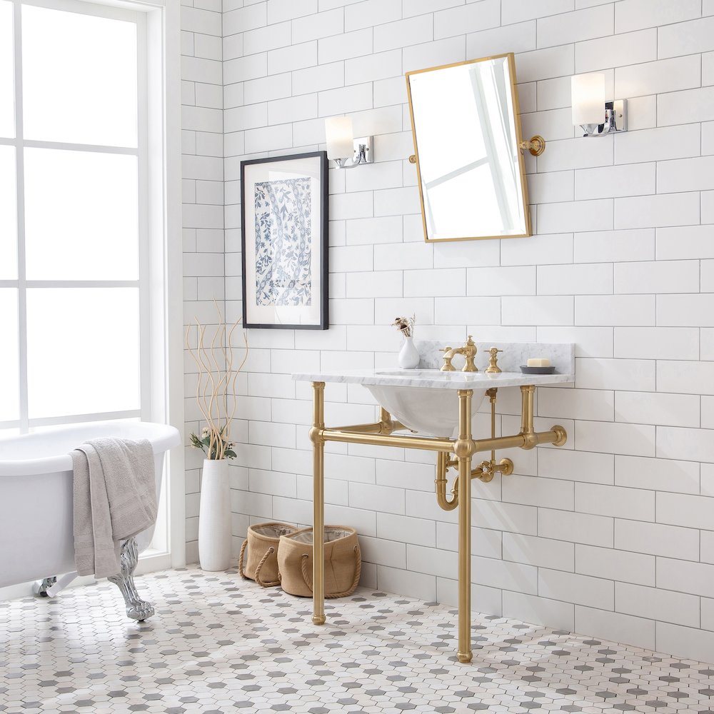 30 In. W. Single Wash Stand, P-Trap, Carrara White Marble Countertop