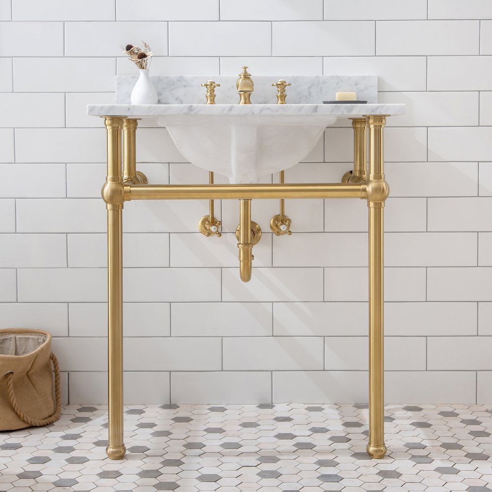 30 In. W. Single Wash Stand, P-Trap, Carrara White Marble Countertop