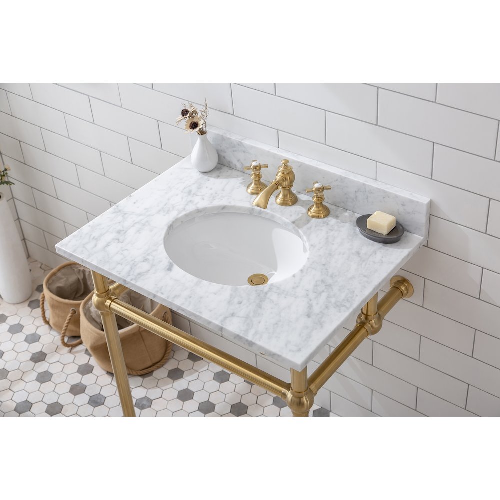 30 In. W. Single Wash Stand, P-Trap, Carrara White Marble Countertop