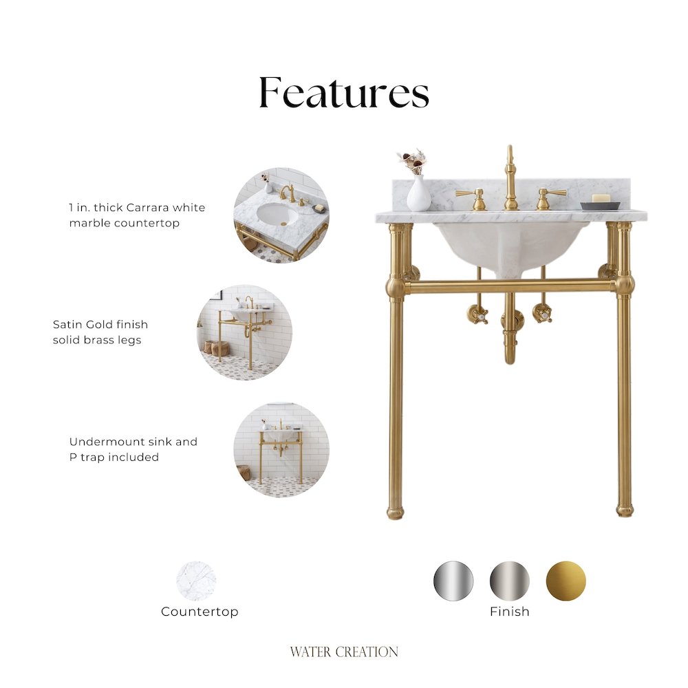30 In. W. Single Wash Stand, P-Trap, Carrara White Marble Countertop