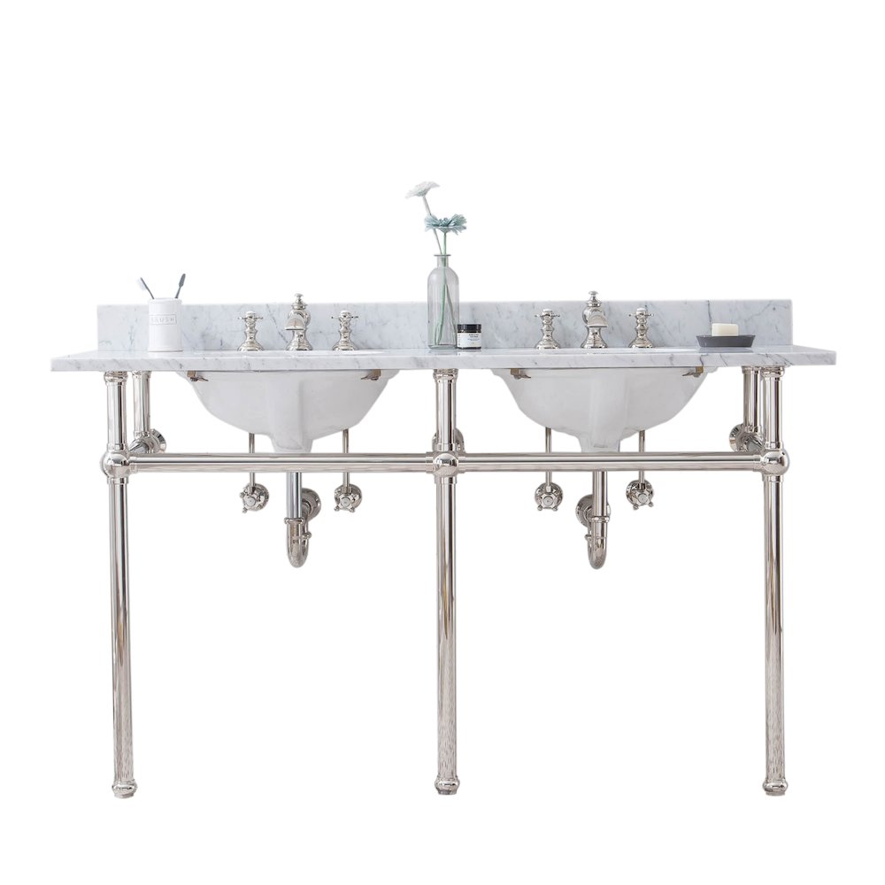 60 In. W. Double Wash Stand, P-Trap, Carrara White Marble Countertop