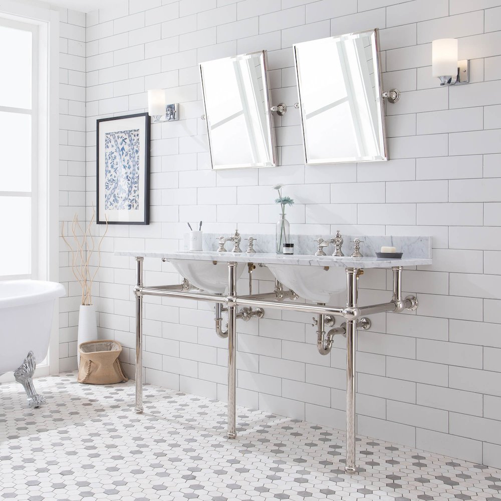 60 In. W. Double Wash Stand, P-Trap, Carrara White Marble Countertop
